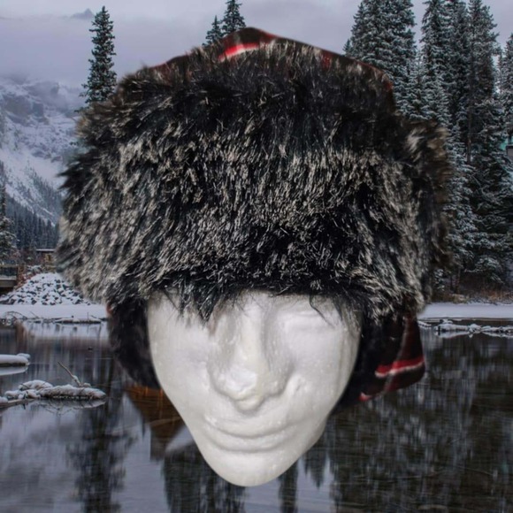 Winter Hat Warm EarFlaps Faux Fur Adult Size  Red/ Black Plaid Mens (3543) - Picture 1 of 3
